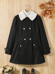 Teen Girl Borg Collar Double Breasted Overcoat - Black - View 7