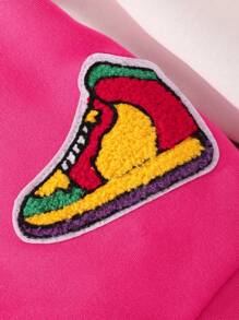 SHEIN Cô Gái Trẻ Thư được vá Khối màu Áo khoác Đại học Without Tee - Màu Hồng Tươi - Xem 3