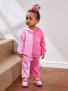 SHEIN Baby Girls' Casual Pink Color-Block Long Sleeve Hoodie And Pants Set With Heart Pattern, Winter - Pink - View 2