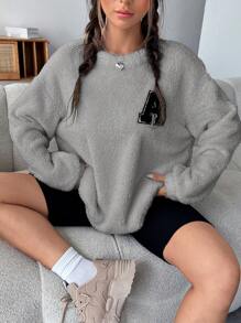SHEIN EZwear 字母貼布落肩袖毛茸茸運動衫 - 灰色 - 查看 1