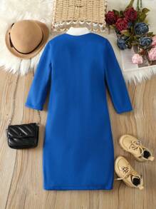 SHEIN Young Girl Button Front Pocket Patched Overcoat - Blue - View 2