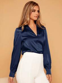 SHEIN Privé Solid V Neck Satin Blouse,Long Sleeve Tops - Navy Blue - View 4