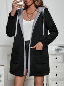 SHEIN LUNE Của phụ nữ Dây rút áo có mũ Áo khoác - màu đen - Xem 3