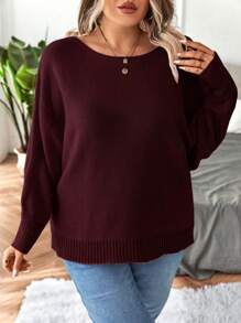 Calvaya Plus Batwing Sleeve Sweater Knit Pullover Fall Winter Autumn Sweater - Burgundy - View 4