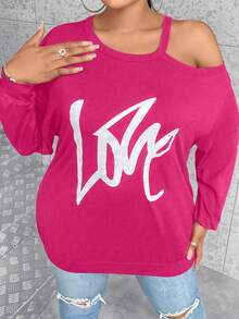 SHEIN LUNE Plus Letter Graphic Asymmetrical Neck Drop Shoulder Sweatshirt - Hot Pink - View 5
