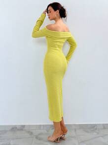SHEIN Privé כתפיים חשופות שולי קפלים שמלה צמודה - ירוק - ראה 2