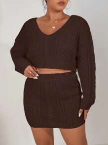 Calvaya Plus Cable Knit Drop Shoulder Sweater & Knit Skirt - Coffee Brown - View 3