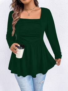 Calvaya Hơn Cổ vuông Xù Xoay eo Áo thun - Màu xanh lá cây đậm - Xem 3