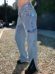 SHEIN Haute 交叉腰部分裂口貨物牛仔褲 - 淺色水洗藍 - 查看 4