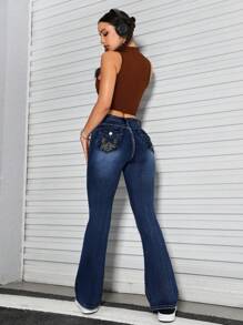 SHEIN PETITE Embroidery Detail Flare Leg Jeans - Blue - View 2