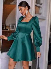 SHEIN Privé Square Neck Lantern Sleeve Dress - Green - View 3