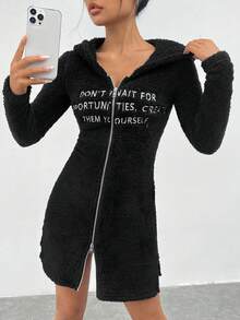 SHEIN EZwear Thêu Khẩu hiệu Dây kéo áo có mũ Teddy Đầm - màu đen - Xem 6