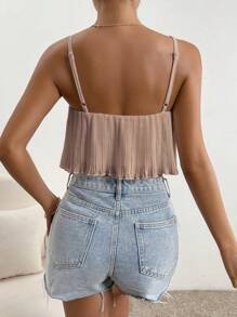 SHEIN Essnce Parte superior de tirantes lisos con pliegues y ribete de lechuga, top para salir - Caqui - Ver 2