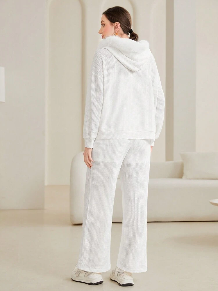 Women's Hooded Coat With Drop-Shoulder & Woolen Collar And Pants Set 2 Piece Set Fall Cloth For Women