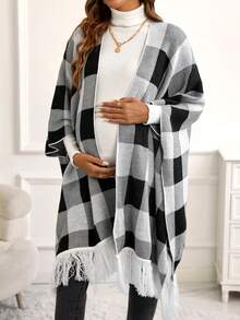 SHEIN 1pc Maternity Buffalo Plaid Pattern Fringe Trim Batwing Sleeve Cardigan - Black and White - View 6