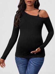 SHEIN Pregnancy Asymmetrical Shoulder T-Shirt For Maternity - Black - View 6