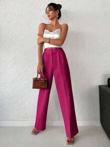 SHEIN Cottnline 女款純色休閒直筒褲 - 玫紅色 - 查看 5