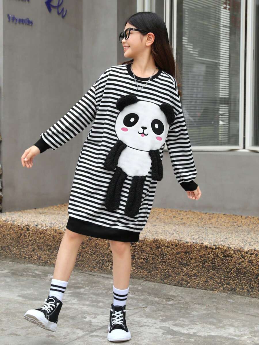 SHEIN Tween Girl Loose Fit Campus Style Panda Pattern Long Hoodie - Black and White - View 1