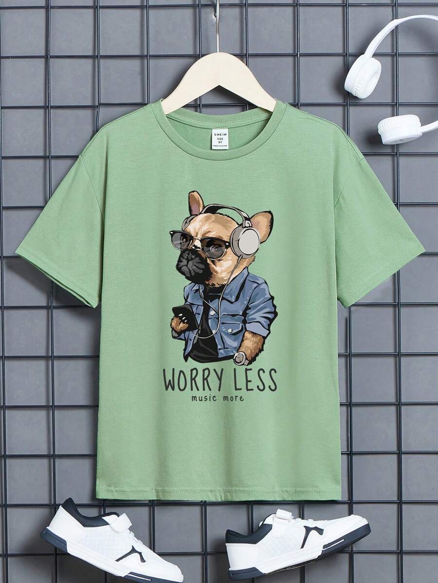 Tween Boys' Dog & Letter Print T-Shirt, Simple Casual Style, Suitable For Daily Wear In Summer - Mint Green - View 1