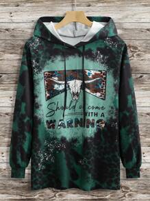 SHEIN LUNE Plus Bull Head & Slogan Graphic Drawstring Hoodie - Multicolor - View 1