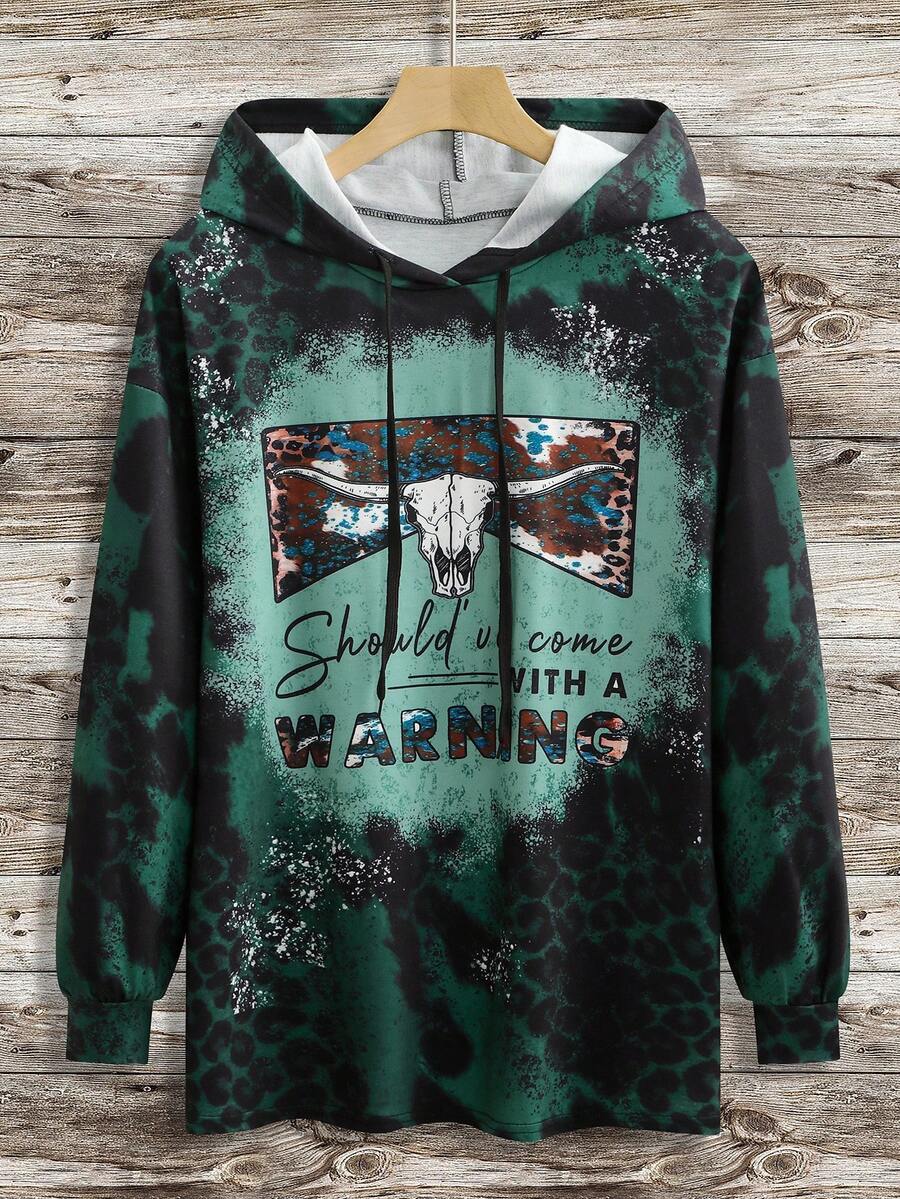 SHEIN LUNE Plus Bull Head & Slogan Graphic Drawstring Hoodie - Multicolor - View 1