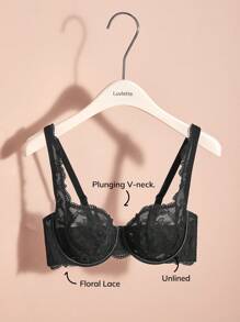 LUVLETTE Plus Lingerie 低胸无衬蕾丝文胸 - 黑色 - 查看 3