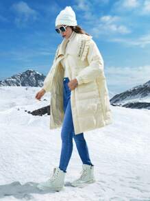 SHEIN LUNE Abrigo con cremallera con botón de cintura con cordón con capucha - Blanco - Ver 6