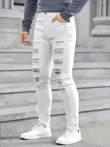 GENTILAND Men Ripped Frayed Skinny Jeans - White - View 4
