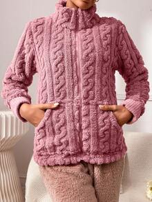 Zip Up Flannelette Lounge Top - Dusty Pink - View 5