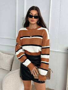 SHEIN Essnce 條紋圖案落肩袖套頭毛衣 - 駝色 - 查看 6