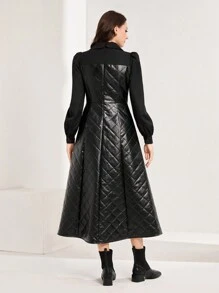 Mulvari Contrast Panel Puff Sleeve Leather Look Quilted Dress - Black - View 5