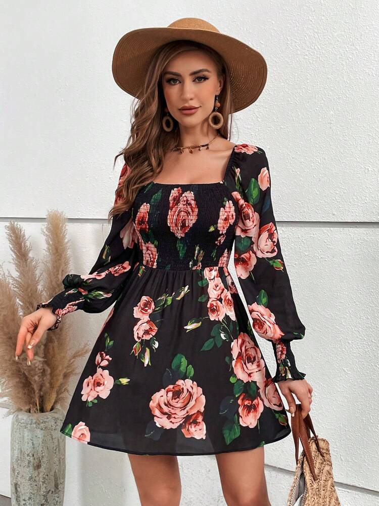 Floral Printed Lantern Sleeve Women's Midi Dress
