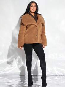 SHEIN SXY Abrigo teddy unicolor de cuello cascada con botón delantero - Marrón Mocha - Ver 5
