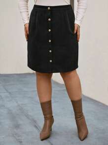 SHEIN LUNE Plus Button Front Corduroy Skirt - Black - View 1
