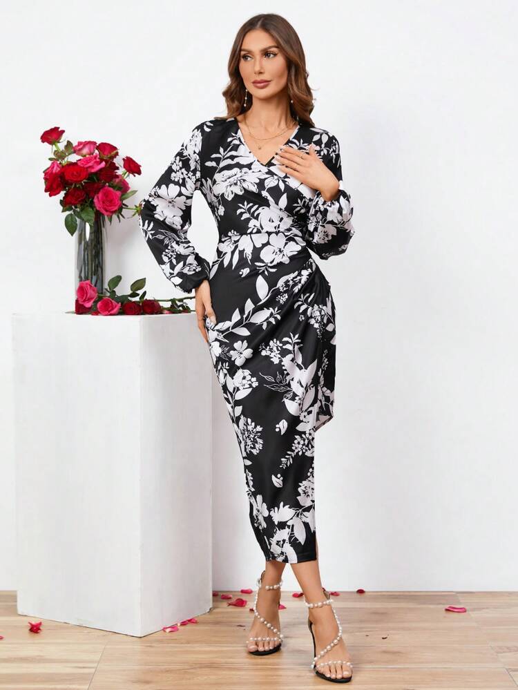Floral Print Lantern Sleeve Asymmetrical Hem Dress