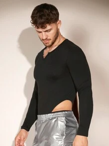 男士素色缺口領高衩連身背心 - 黑色 - 查看 6