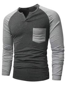 Manfinity Homme Men Colorblock Raglan Sleeve Pocket Patched Tee - Dark Grey - View 1