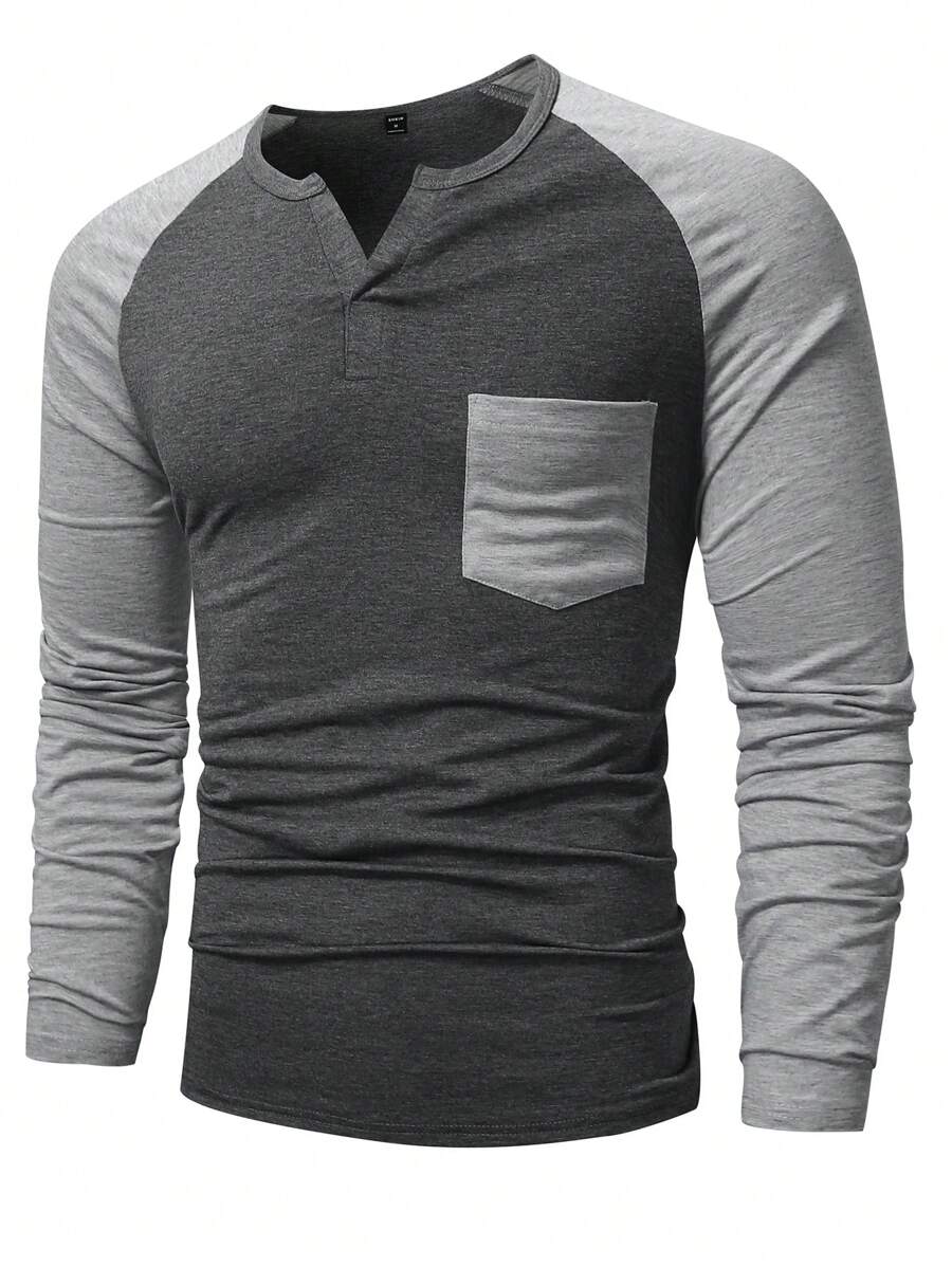 Manfinity Homme Men Colorblock Raglan Sleeve Pocket Patched Tee - Dark Grey - View 1