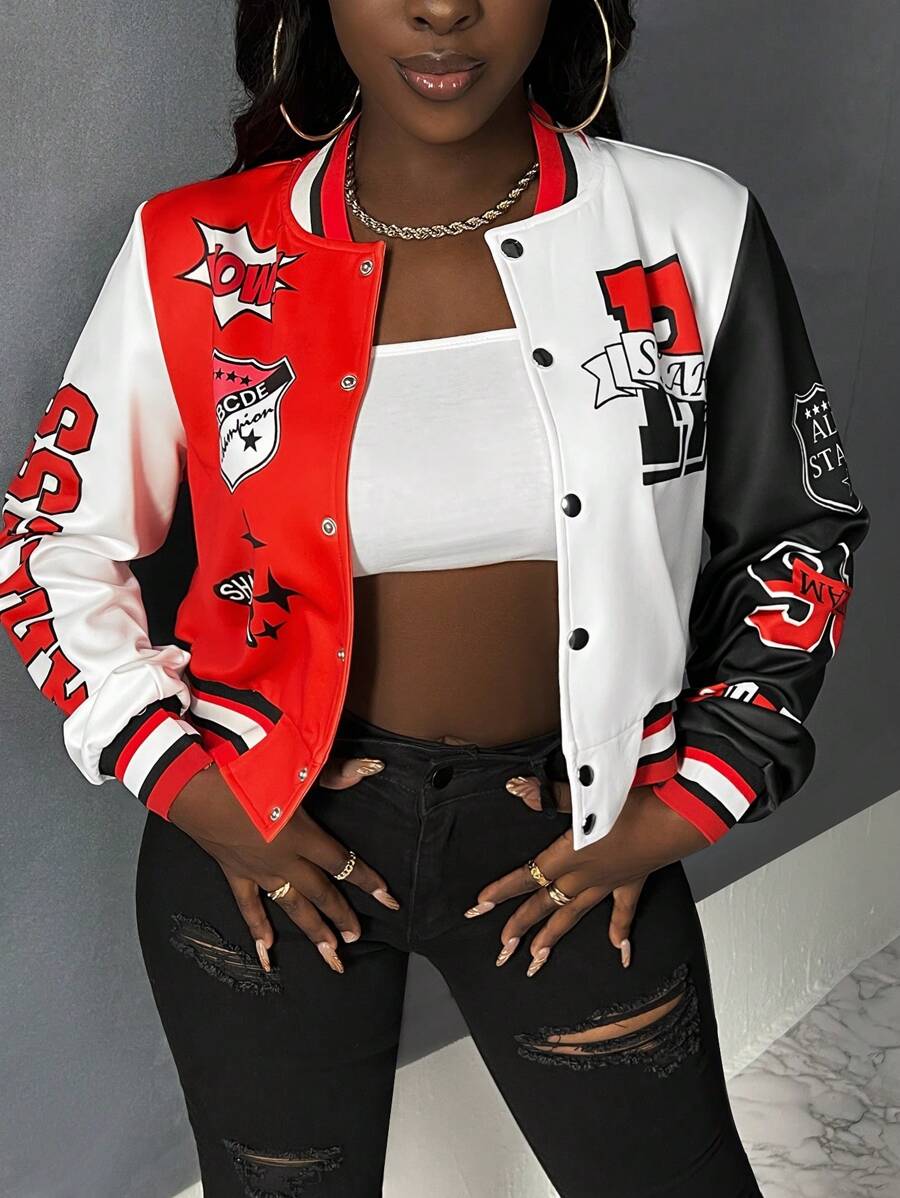 Slaydiva Text & Color Blocking Baseball Jacket In Fall/Winter - Multicolor - View 1