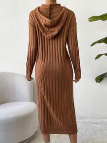 SHEIN Essnce Thả vai Dây rút áo có mũ Đầm Áo len - màu nâu - Xem 2