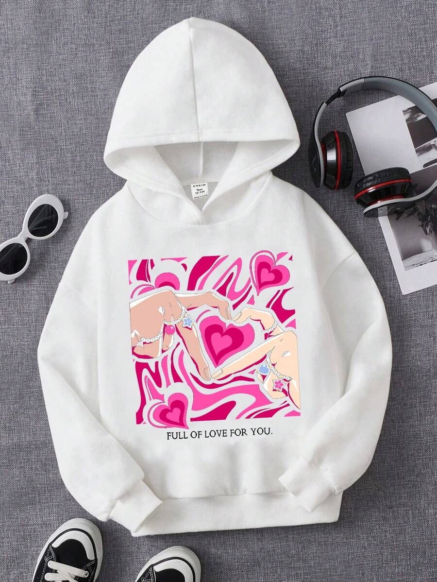 少女爱心标语图案落肩卫衣 - 白色 - 查看 1