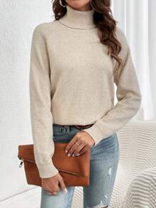 SHEIN LUNE Turtleneck Raglan Sleeve Sweater - Apricot - View 5