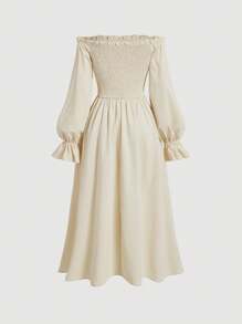 SHEIN MOD Off Shoulder Flounce Sleeve Lace Up Front Dress - Apricot - View 6