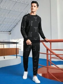 GENTILAND Men Letter Graphic Sweatshirt & Sweatpants - Black - View 1