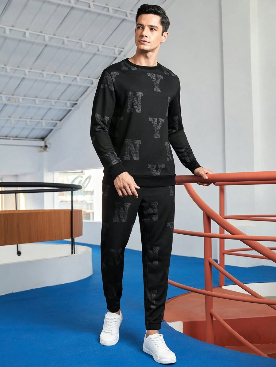 GENTILAND Men Letter Graphic Sweatshirt & Sweatpants - Black - View 1