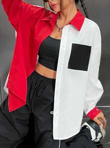 SHEIN EZwear 雙色落肩袖補丁貼口袋襯衫 - 彩色 - 查看 6