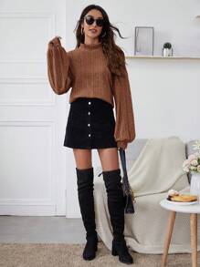 SHEIN Essnce Funnel Neck Lantern Sleeve Ribbed Knit Tee - Coffee Brown - View 4