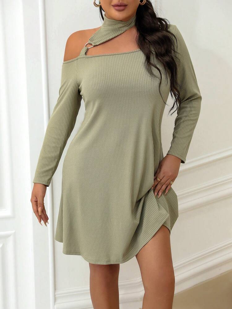 Plus Asymmetrical Neck Cut Out Ribbed Knit Dress
