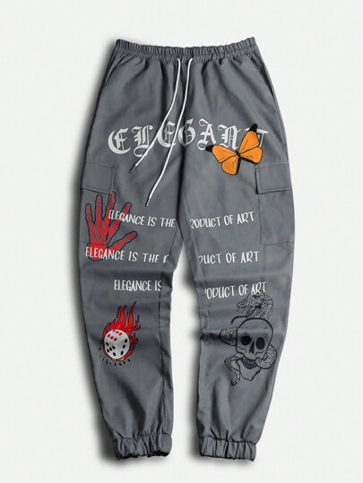 Street Life Men Slogan & Skull Print Drawstring Waist Cargo Pants