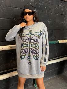 SHEIN EZwear Reflective Skeleton Print Drop Shoulder Sweatshirt Dress